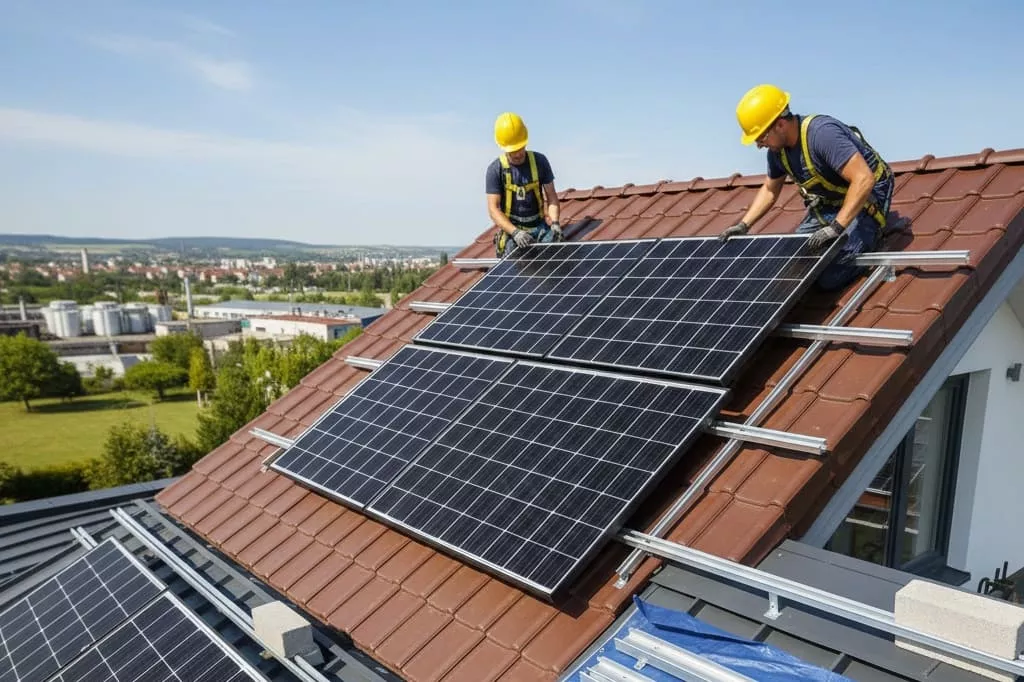 Close-up van zonnepanelen op een hellend dak